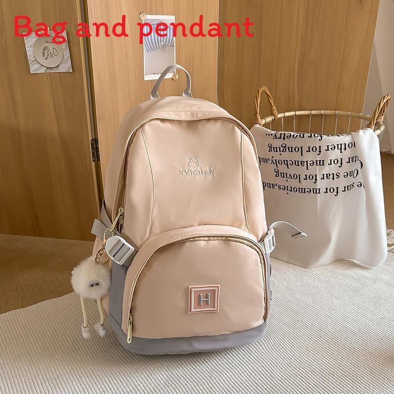 Color Blocked Fashionable Letter Pattern Student Backpack With Pendant Plush