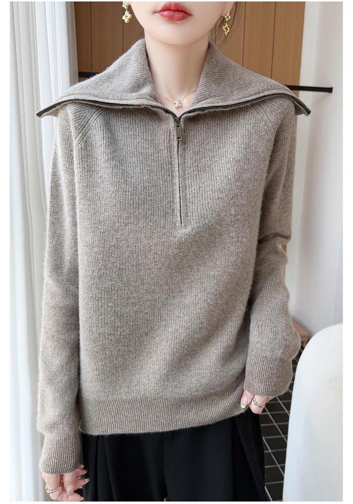2026 Women's Autumn/Winter Pure Wool Lapel Half-Zip Knitwear Long Sleeve Pullover Sweater