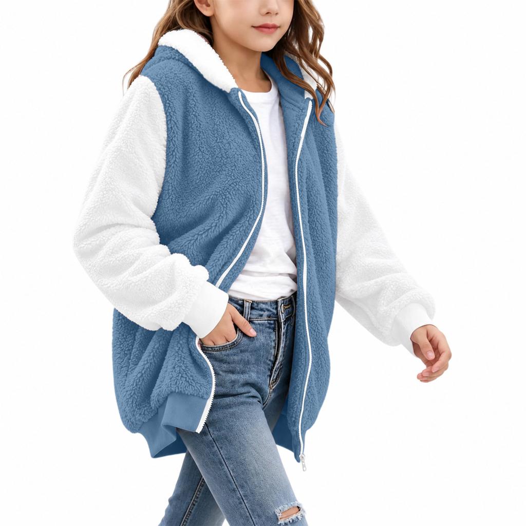 Girls' Casual Color Long Sleeve Hooded Jacket with Pockets for Everyday Wear