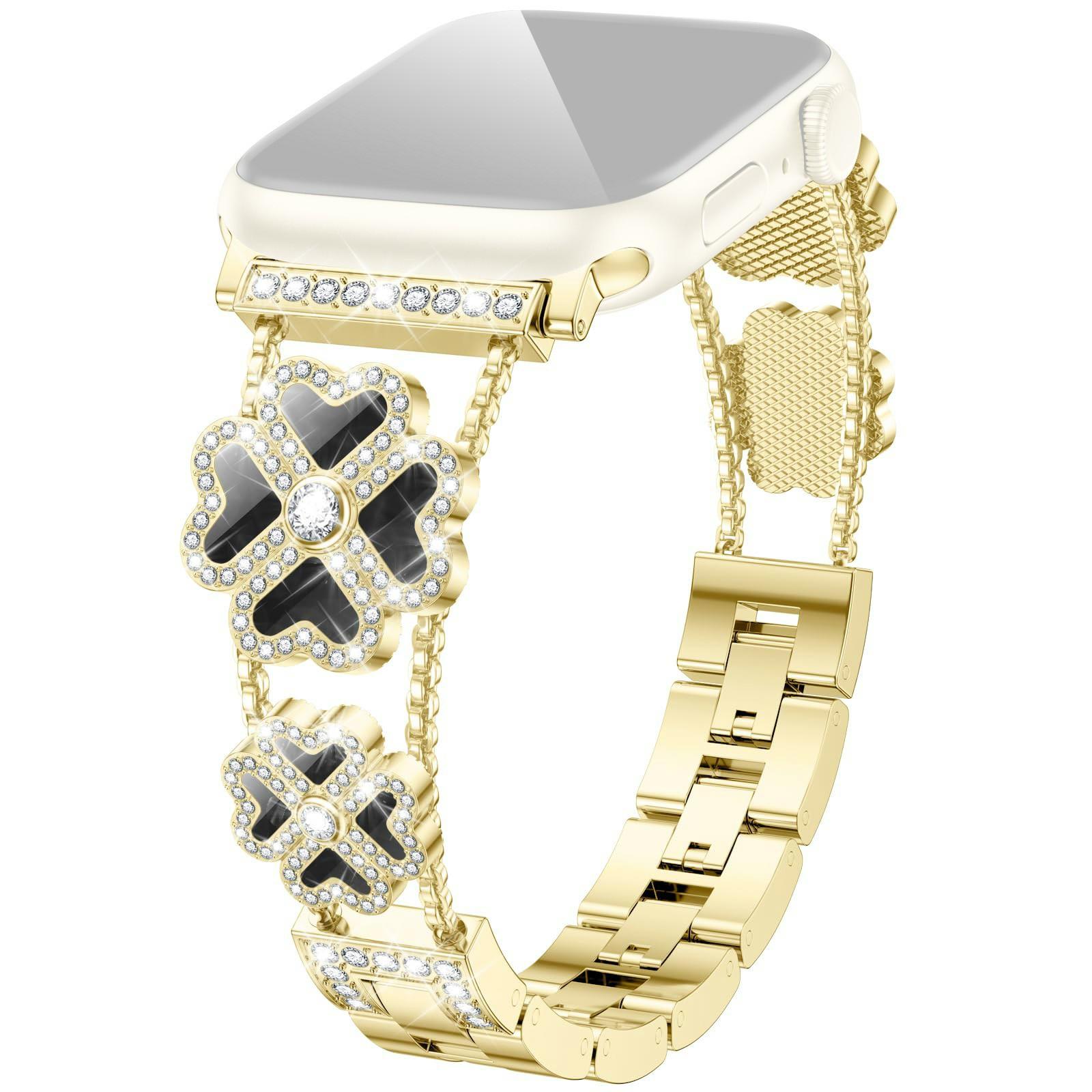 

Металевий ремінець для Apple Watch Series 10 9 8 7 SE 6 5 4 3 2 1 42мм 41мм 40мм 38мм Декор Серце Конюшина Стрази Ремінець для годинника Gold/Black