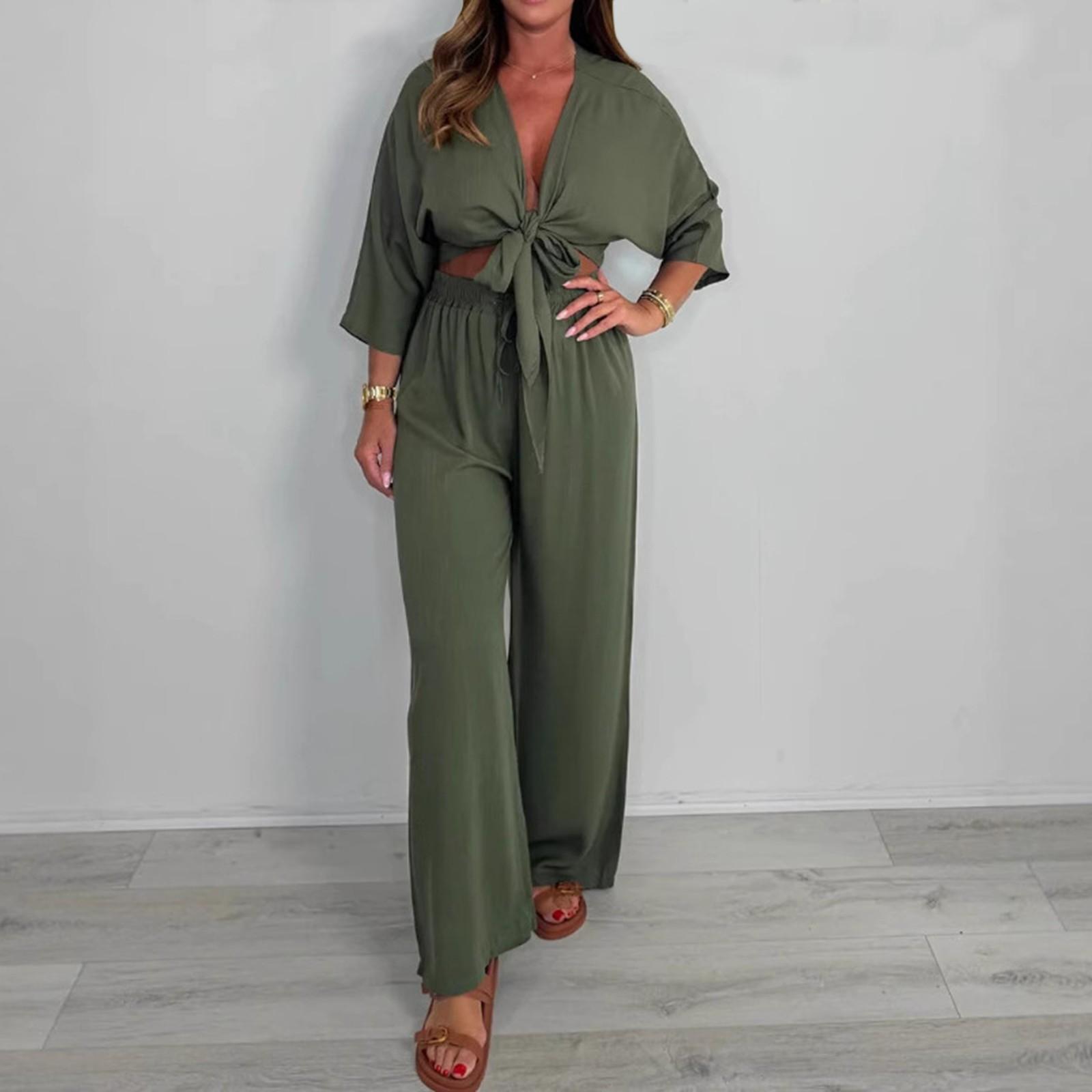 

Women s V-neck Solid Color 3/4 Sleeved Shirt Casual Pants Set Two Piece Set L