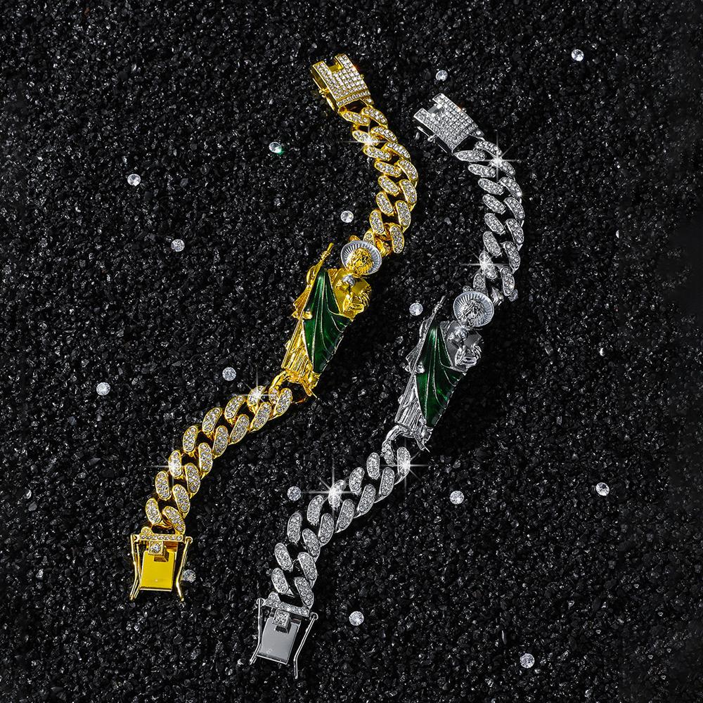 Neues Herren Hip Hop Bling Iced Out Kristall Miami Cuban Link Armband Für Damen San Judas St. Judas Thaddäus Armbänder Religiöser Schmuck