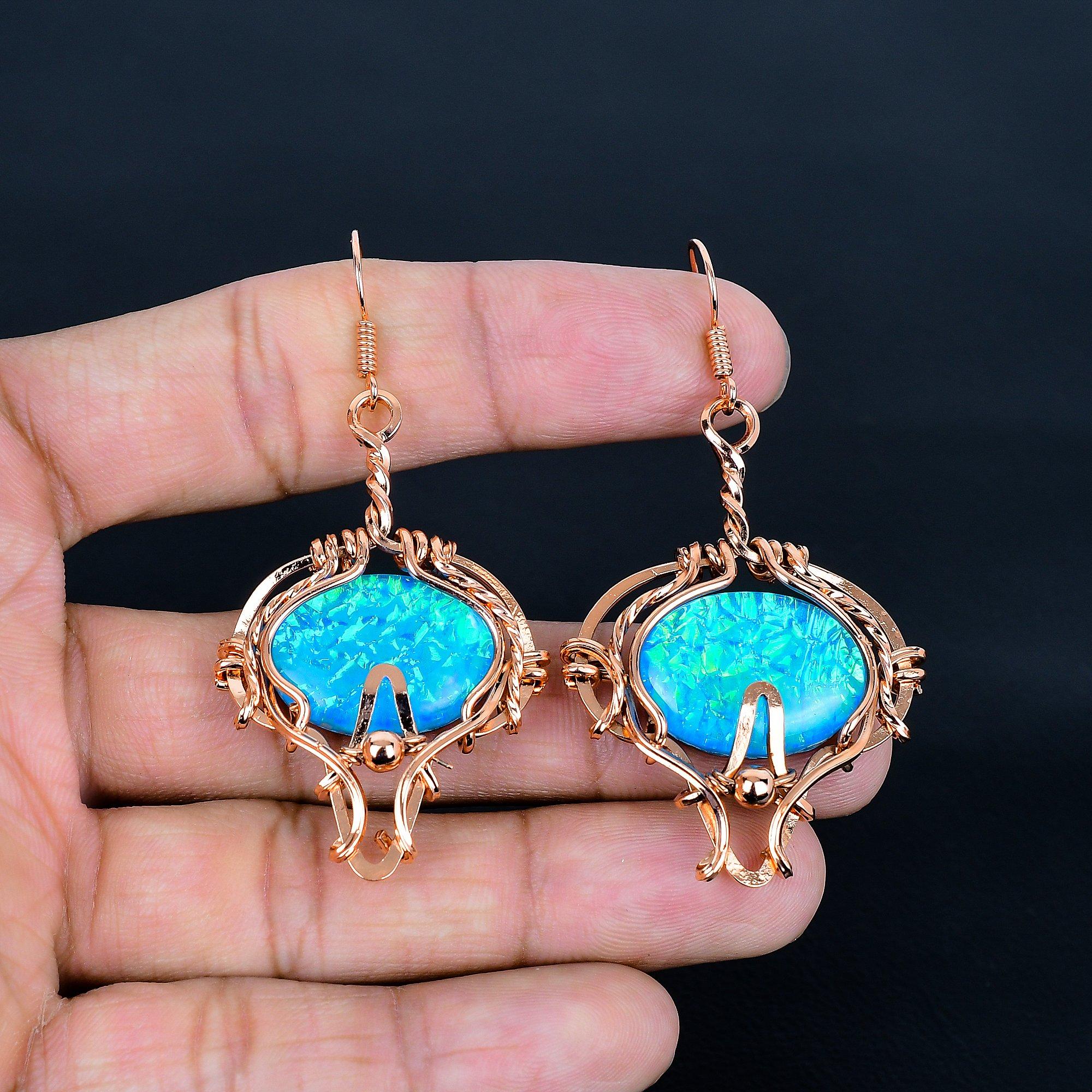

Blue Australian Triplet opal Earrings Gemstone Jewelry, 999 Copper Wire Wrapped Earrings, Handmade Beautiful Jewelry Earrings 2.55 Inches