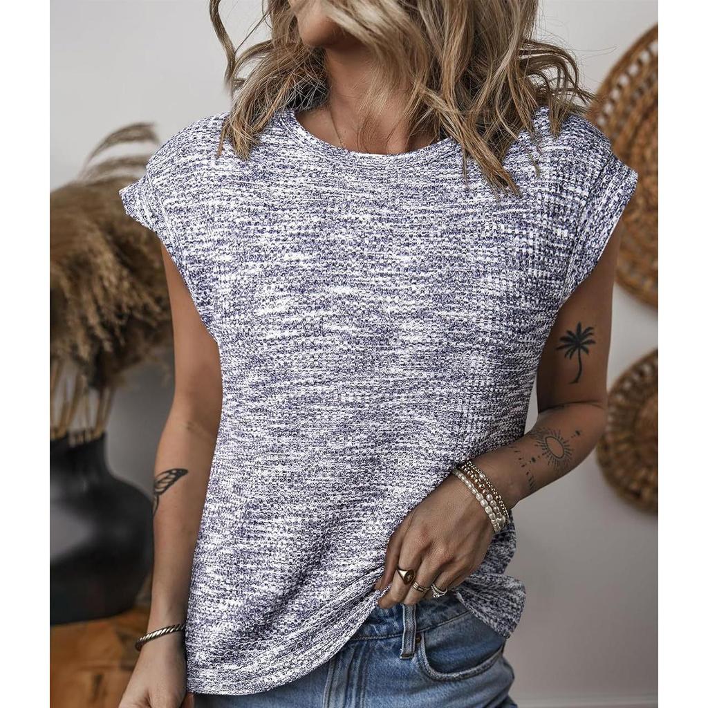 Camiseta de Moda para Mujer Primavera y Verano Moda Casual Blusa Cuello Redondo Color Sólido Suelta Camisa de Manga Corta