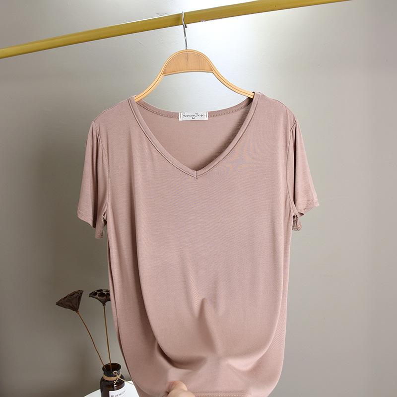 Damen V-Ausschnitt Kurzarm T-Shirt Lockerer Schnitt Pendler Freizeit Oberteil Einfarbige Modal Knitterfest Basis Layering T-Shirt Für Frühling Sommer Tägliche Kleidung