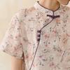 Johnature Women Vintage Print Floral Dress Stand Button Short Sleeve Summer Chinese Style Dress