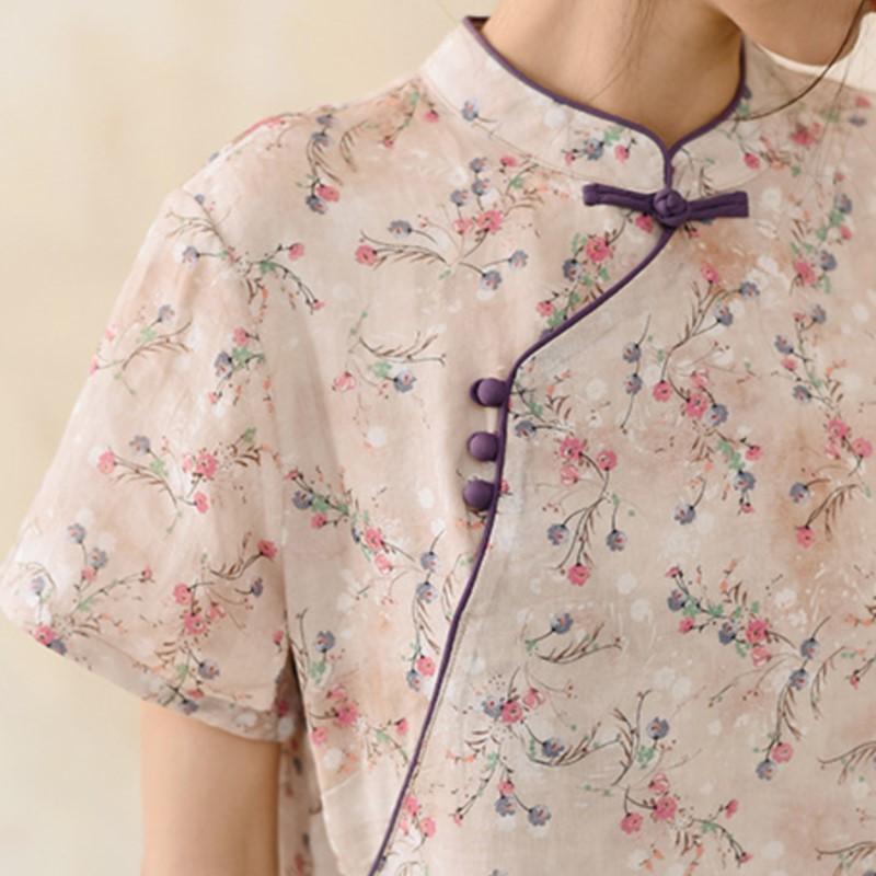 Johnature Women Vintage Print Floral Dress Stand Button Short Sleeve Summer Chinese Style Dress