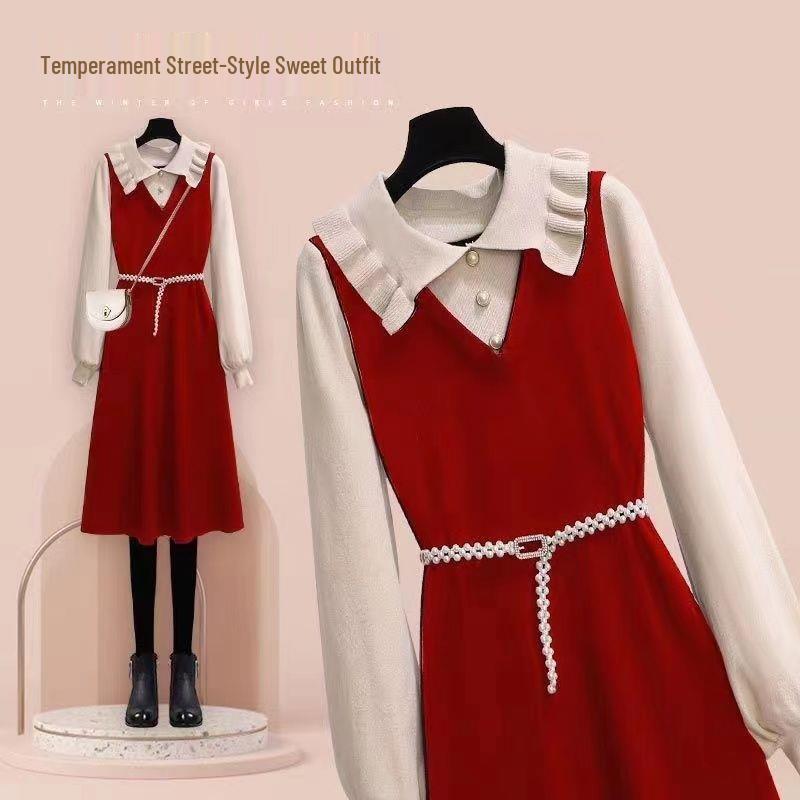 

Trendy 2021 French Niche Waist-Cinching Two-Piece Dress for Autumn/Winter XL 115-135 lbs червоний