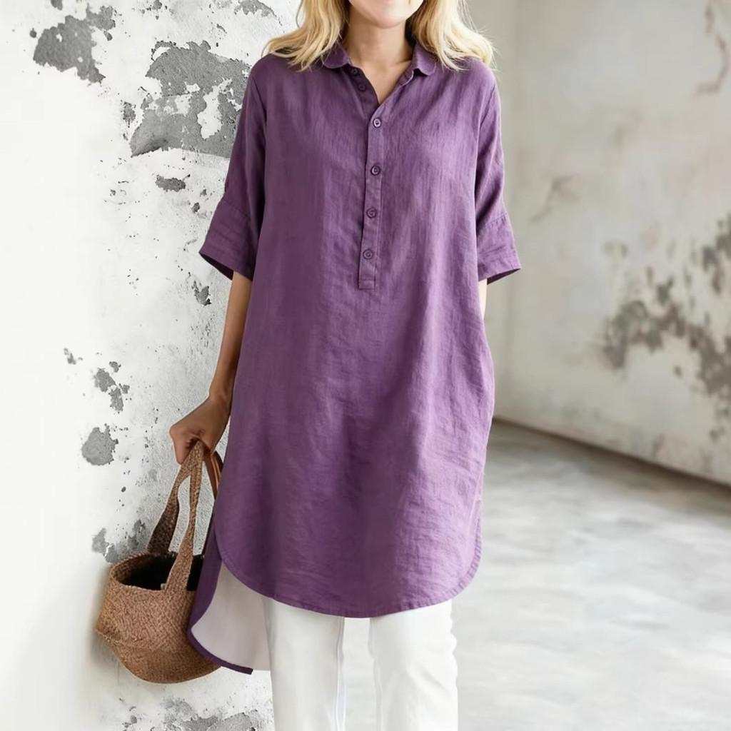 Vestido Casual de Algodón y Lino con Cuello Polo para Verano 2026 Estilo Holgado para Mujer