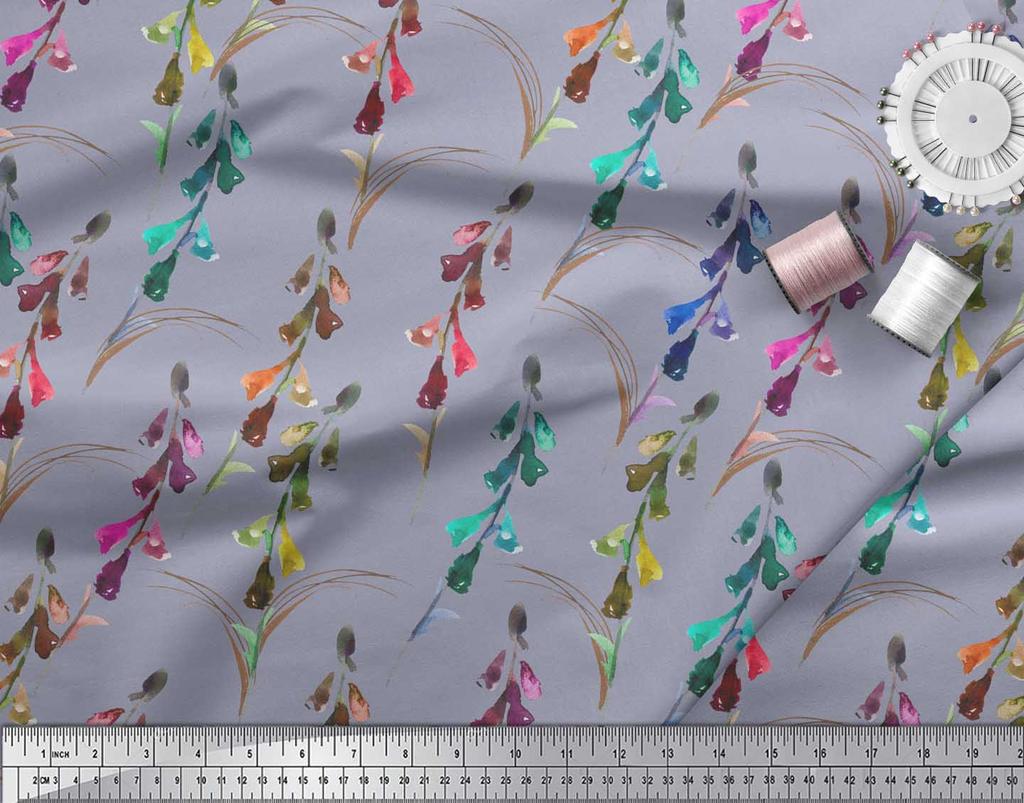 Soimoi Grauer Japanischer Krepp-Satin-Stoff Glockenblume Aquarell Dekor Stoff Bedruckt Meterware 42 Zoll