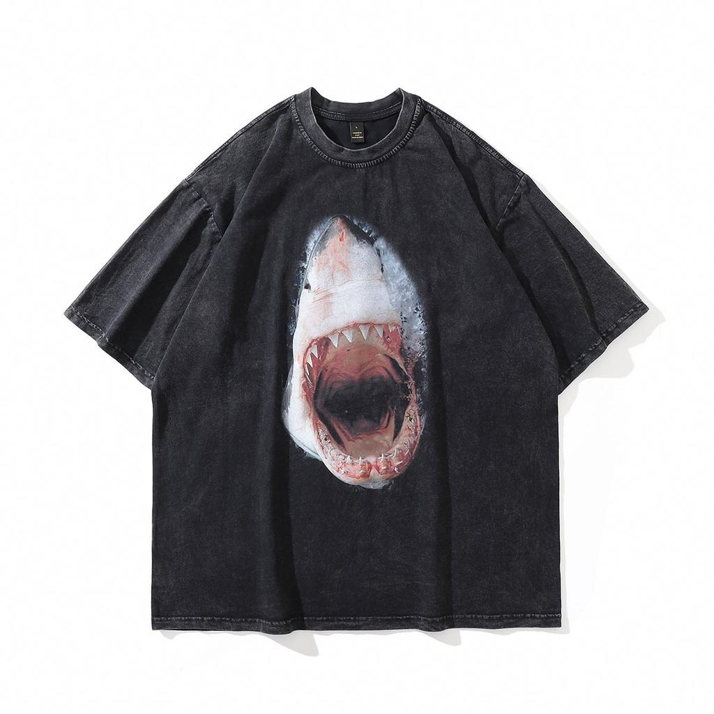 Spersonalizowany nadruk z rekinem białym Kreatywny T-shirt z krótkim rękawem 230G Prany Wodą Styl潮 Vintage