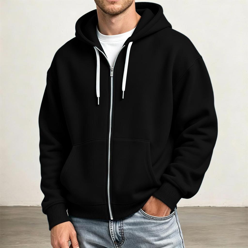 Men's Full Zip Hoodie Drop Shoulder Sleeves, Casual Long Sleeve Sweatshirt for Everyday Wear