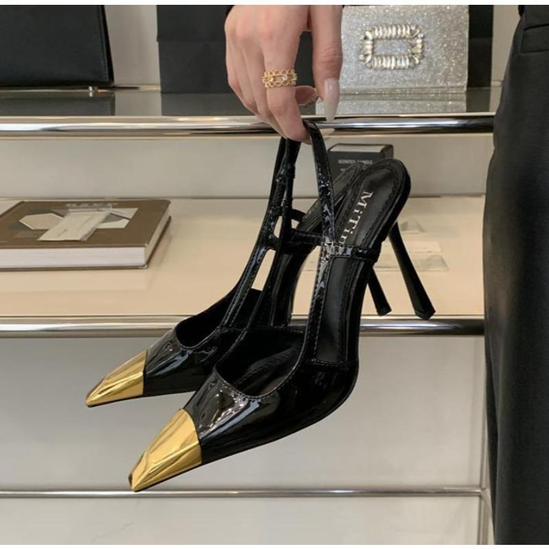 

Дизайнерские туфли-лодочки на ремешке сзади Женские Сексуальные с комбинированным носком-пуантом Элегантные на тонком низком каблуке Мюли Вечерние туфли для платья Сандалии 37 чёрный