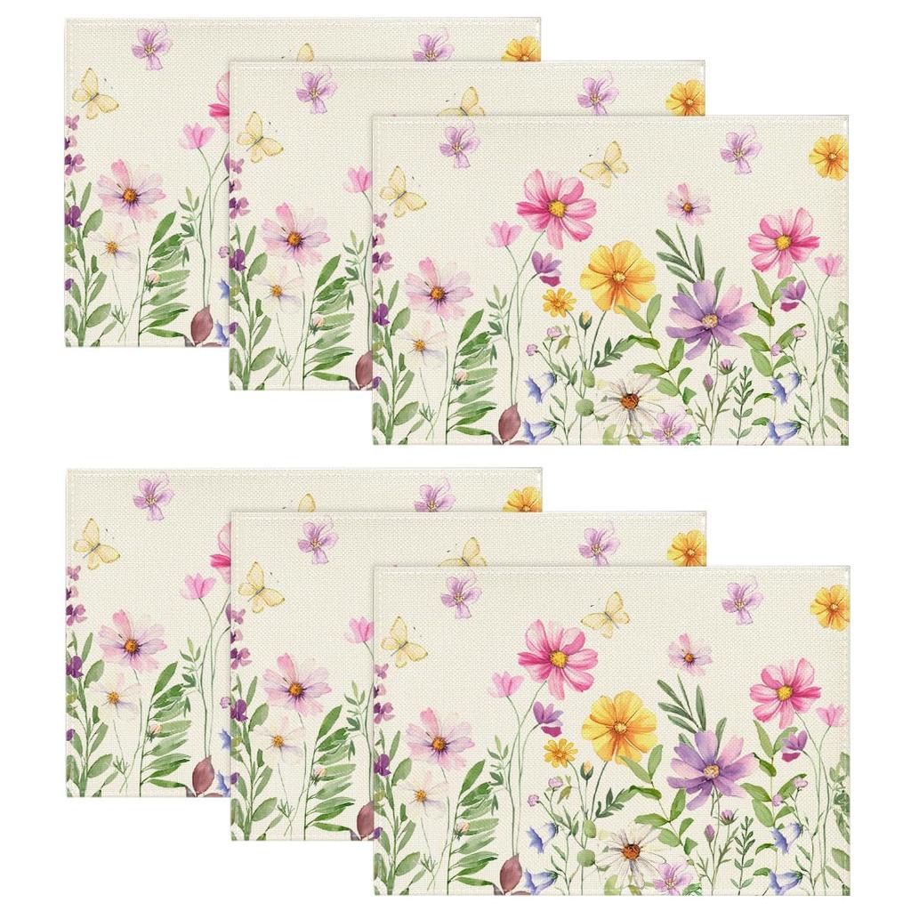 Floral Butterfly Summer Placemats Set of 4, 12x18 Inch Seasonal Spring Placemats for Party Kitchen Dining Summer Decoration