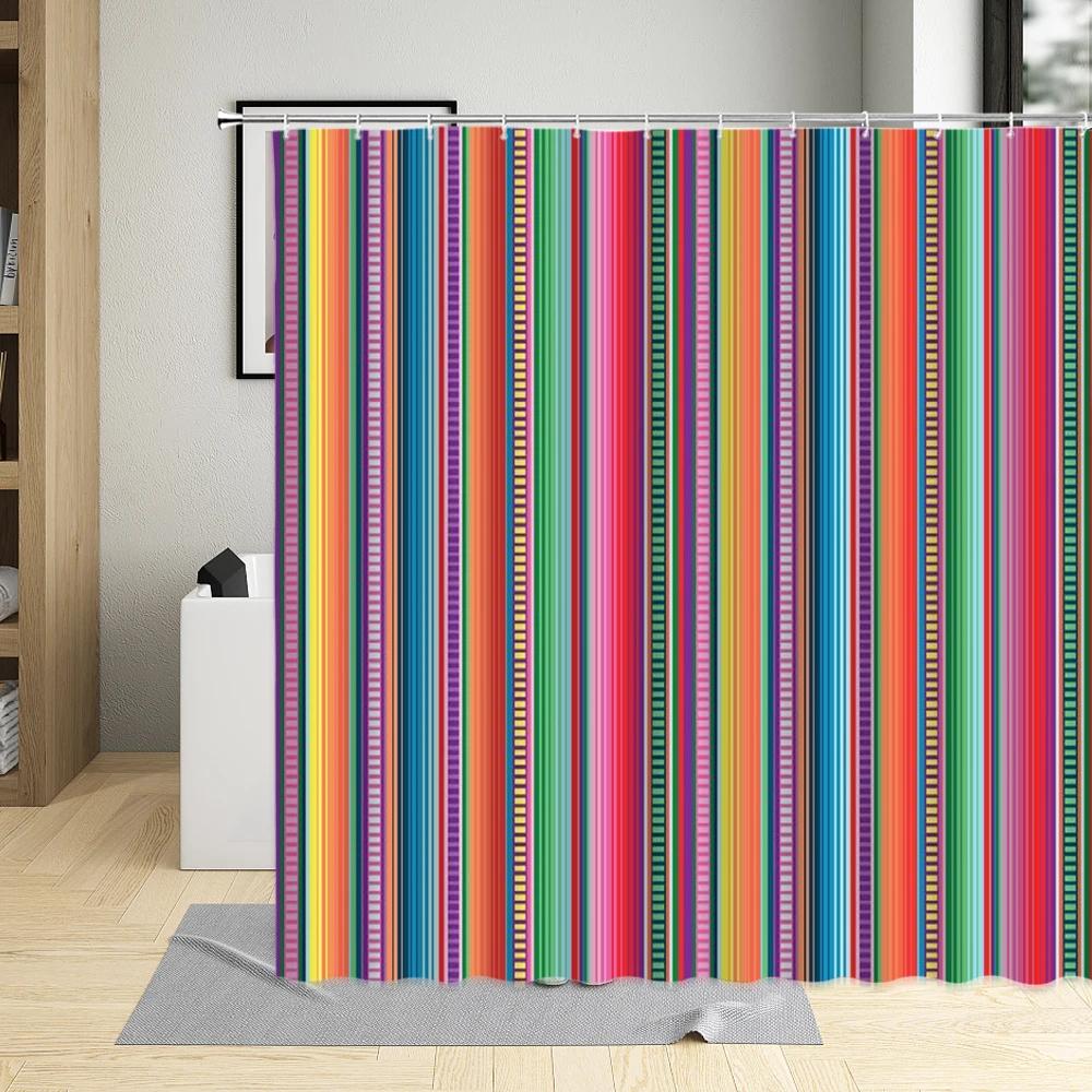 Geometric Lines Shower Curtain Colorful Stripe Printing Waterproof Bathroom Decor Polyester Fabric Curtains With 12 Pcs Hooks