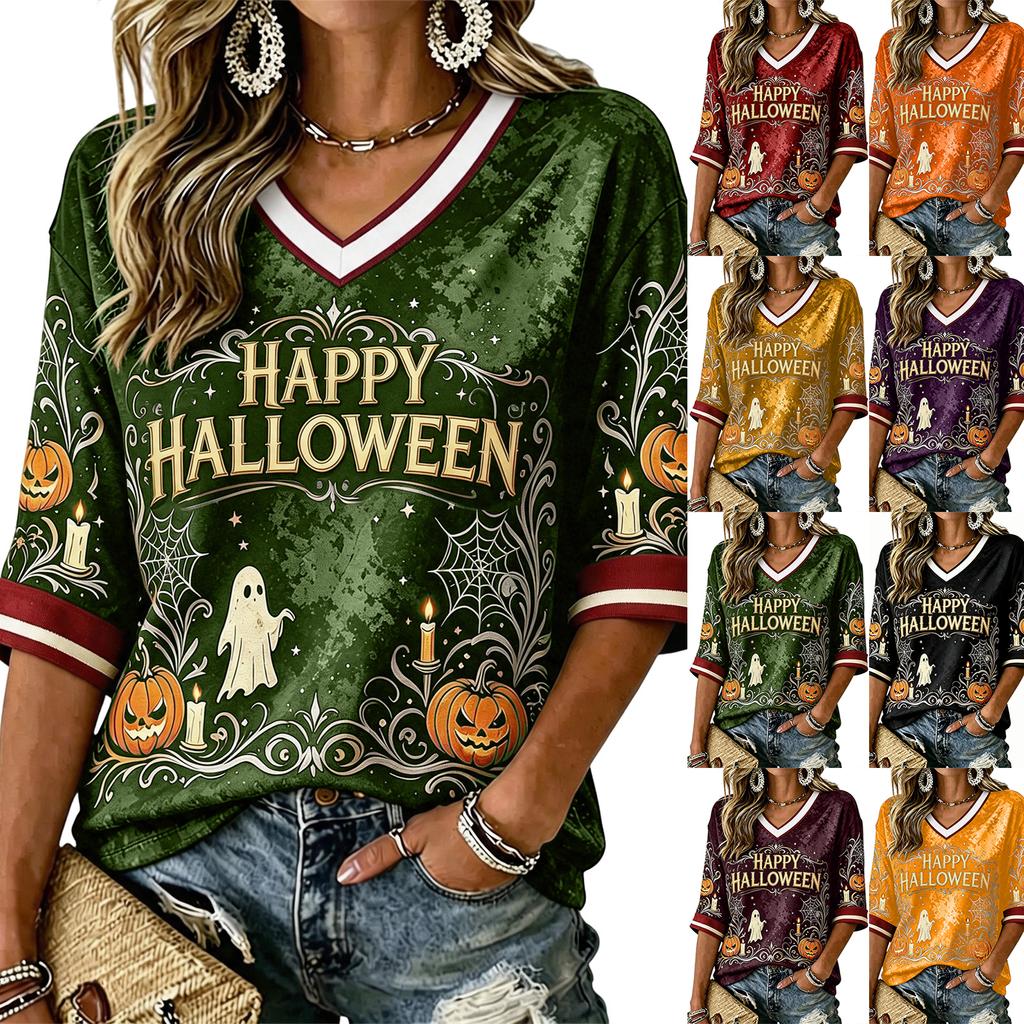 Women's Casual Halloween Printed V-Neck T-Shirt for Festive Occasions and Everyday Wear