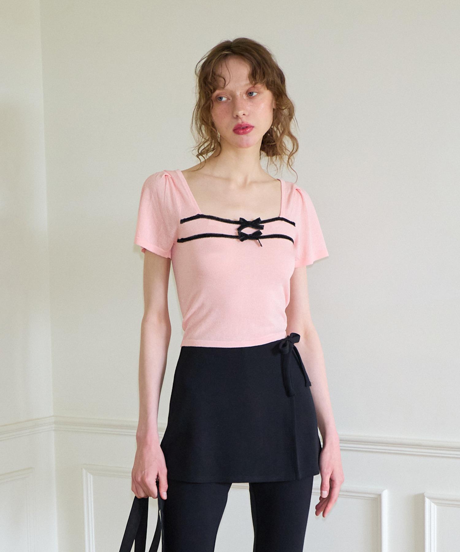 Salon De Yon Ribbon Square Neck Crop Knit_ Pink M