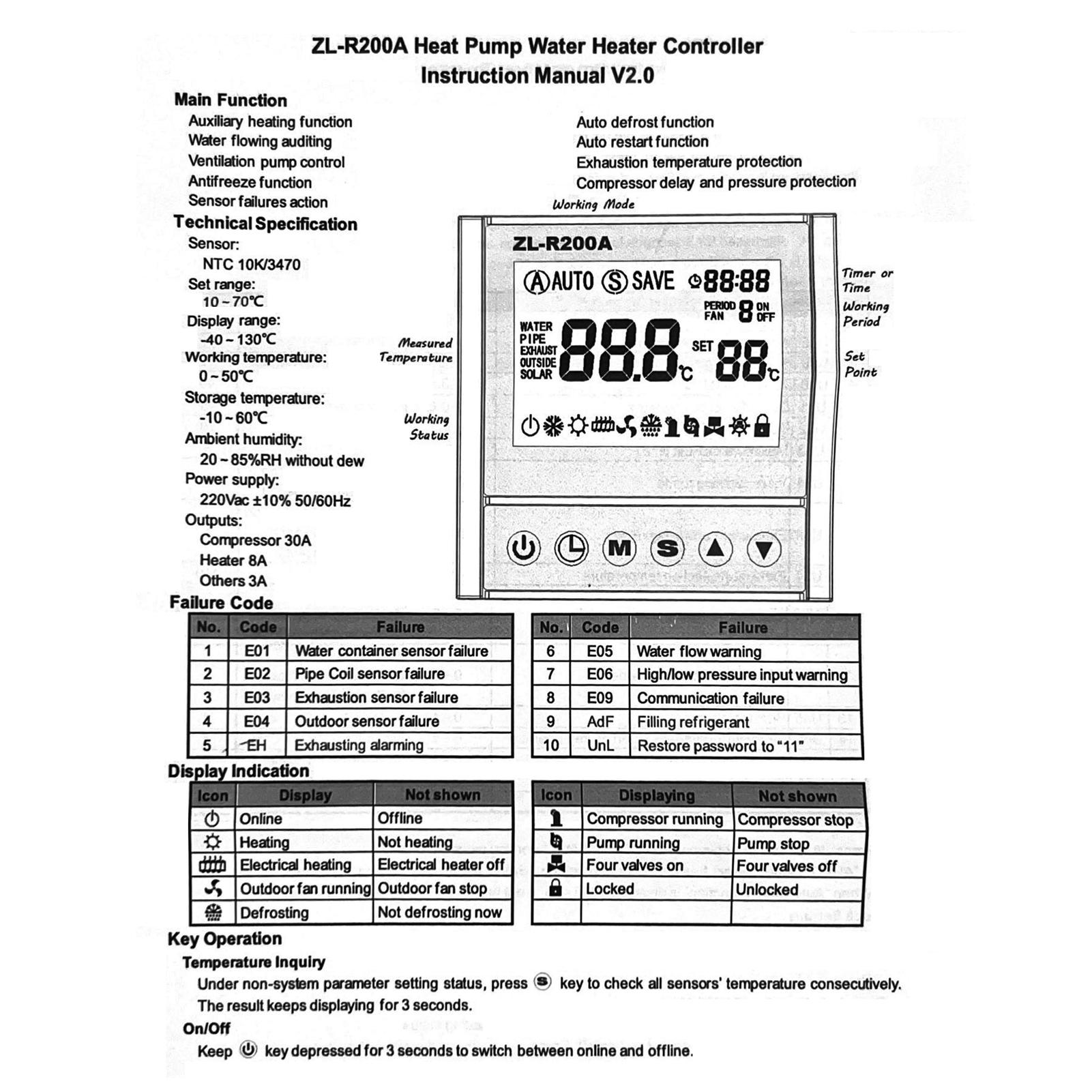 -Source Water Heating Controller Heat Pump  iliary Heating Control Board Antifreeze Auto Deforst Water Flowing Warning with Sensors Fai