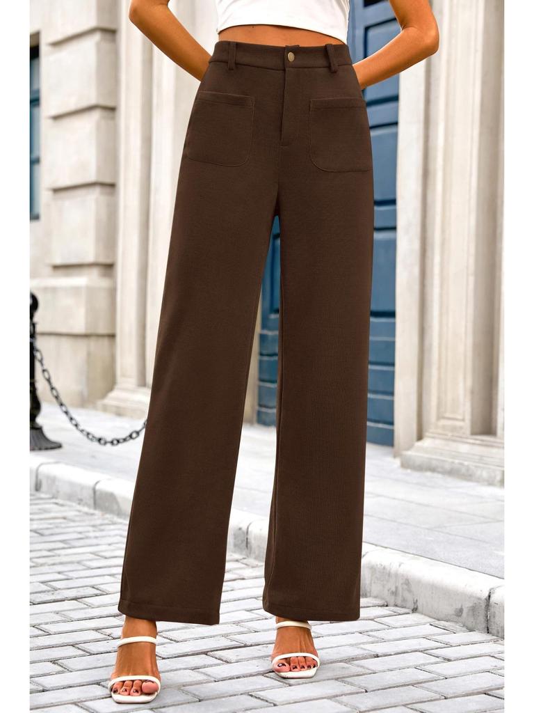 Women's High Waist Elastic Casual Pants with Button and Pockets