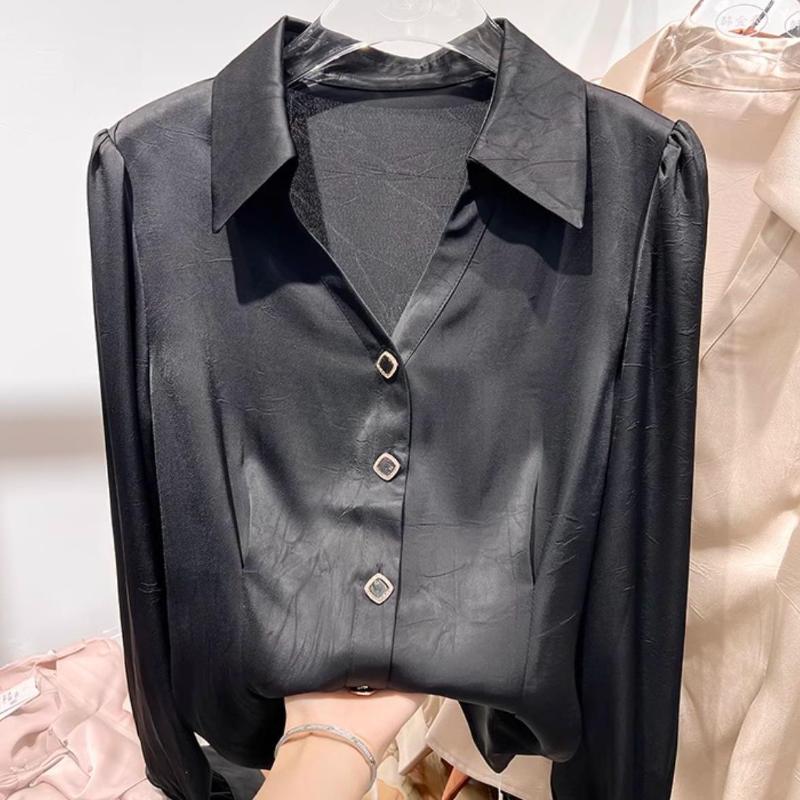 Damen Satin Seide Bluse Revers Knopfleiste Langarm Lässig Büro Oberteil