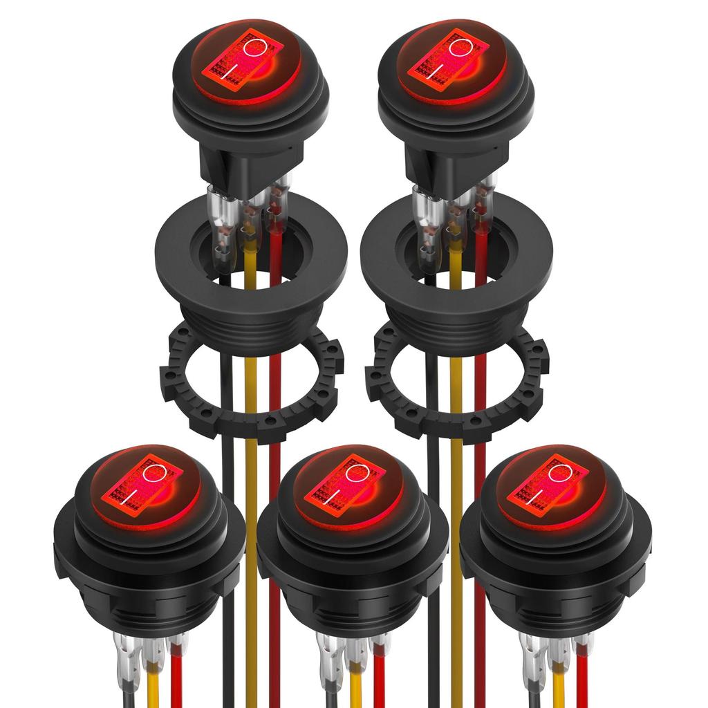 5PCS Waterproof Round Rocker Switch12V LED Toggle Switch Lighted ON Off SPST 3 Pin for Car Switch Panel RV Truck Marine Boat Switches Seat 3