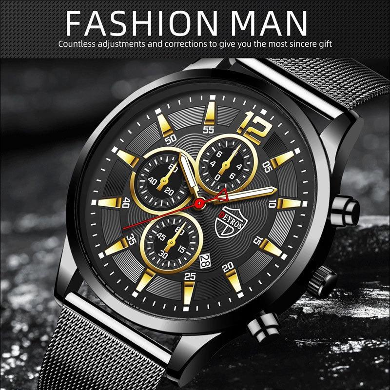 Fashion Business Men's Stainless Steel Mesh Strap Quartz Watch Fake Three Eyes With Date Watch