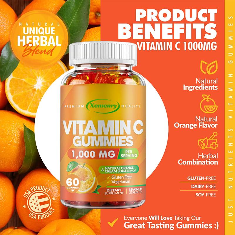 Vitamin C Gummibärchen, 1000 mg pro Gummibärchen, Multivitamin-Nahrungsergänzungsmittel, 100 Gummibärchen pro Packung, vegan, für Erwachsene geeignet, gentechnikfrei.