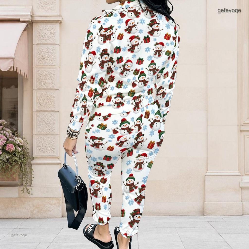 Women Plus Size Stand Collar Long Sleeve Zip Jacket And Pants White Teddy Bear Printed Two Piece Set