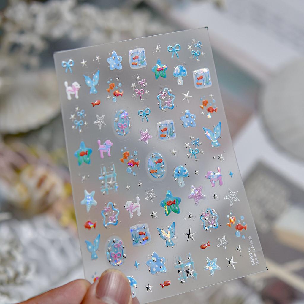 5D Starfish Fish Tail Small Fish Blue Bow Shell Silver Glitter Star Nail Art Stickers Ocean Fantasy Nail Decals Manicure