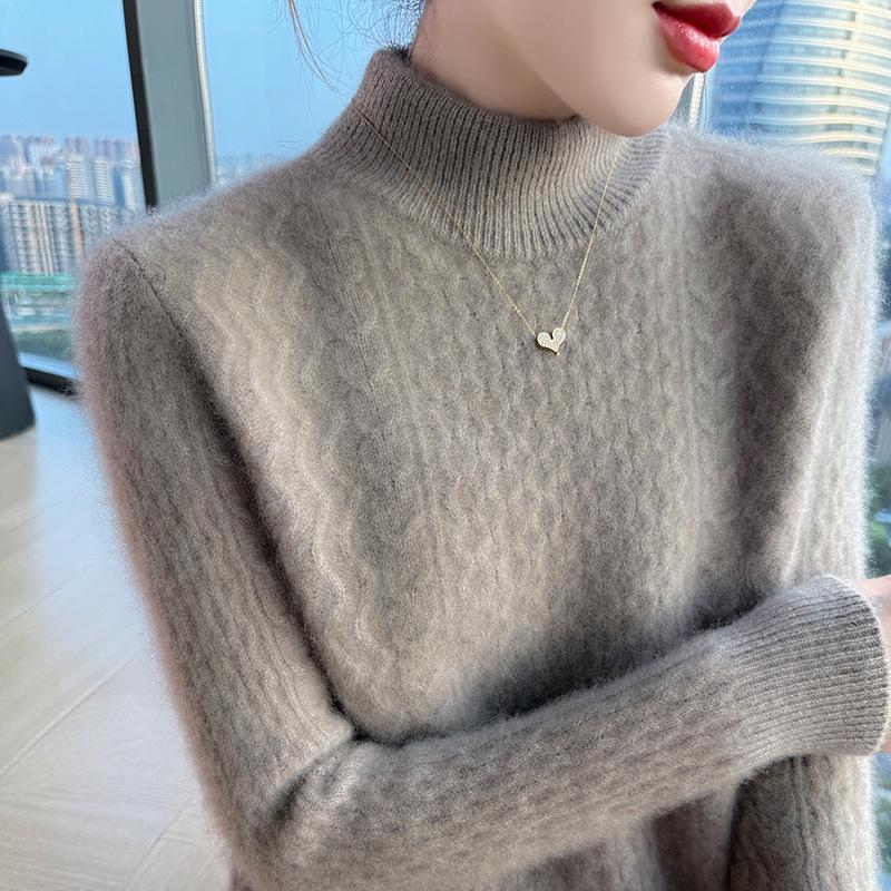 Women's Loose Cable Knit Cashmere Sweater - Double-Ply Wool, Double-Layer Collar, Base Layer for Autumn/Winter