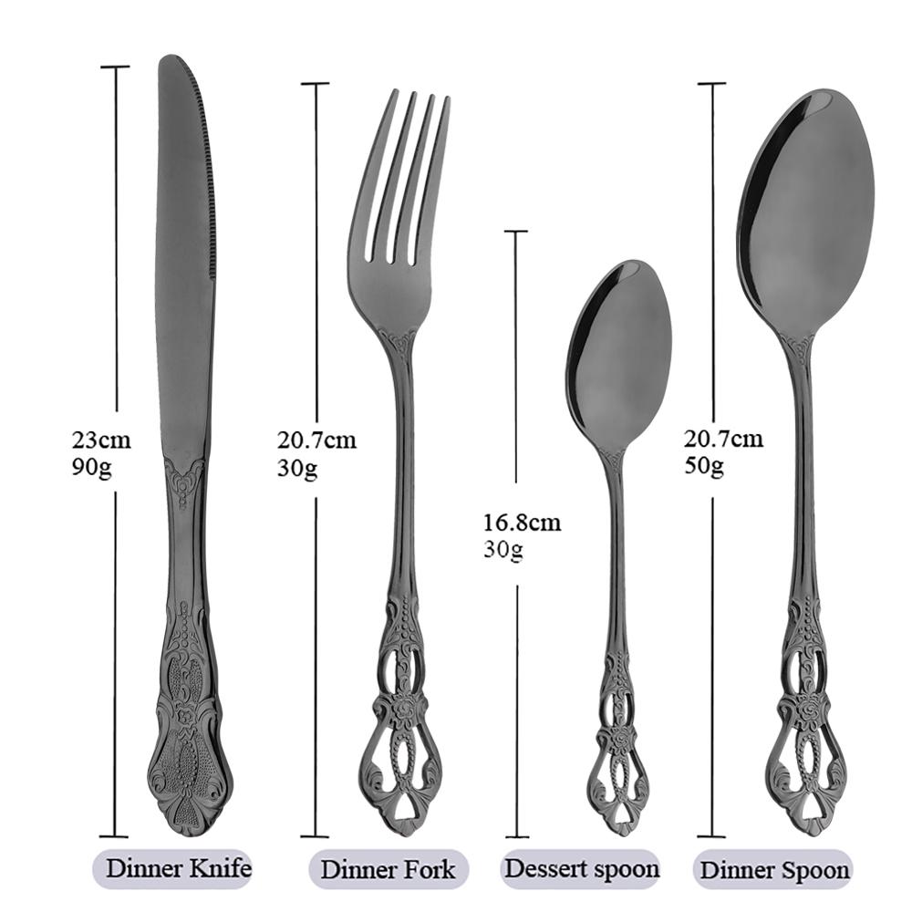 24 ks Vintage stříbrné příbory Černé Luxusní Nádobí Sada příborů z nerezové oceli Nůž Lžíce Vidlička Sada příborů Sada západního nádobí