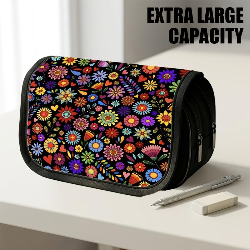 1pc Double Layer Flip Pencil Case, Vibrant Floral Heart Pattern, Large Capacity, Portable Polyester Pen Storage Bag with Zipper Closure, Ideal for Sch
