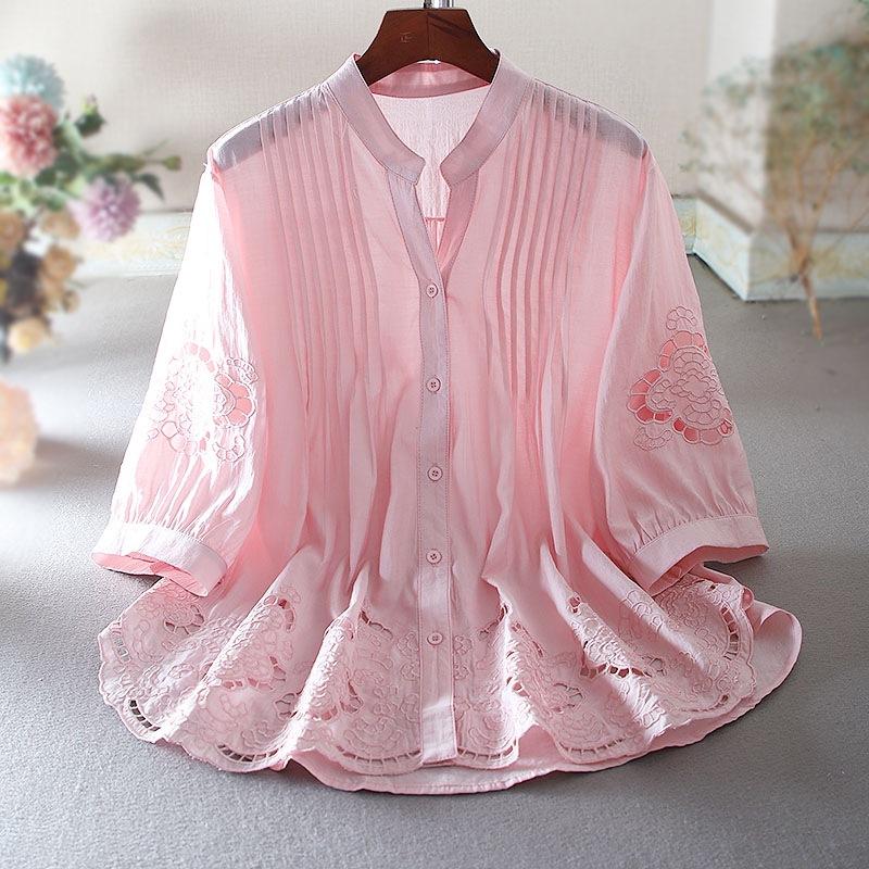 

Station Hollow Embroidery Flower Heavy Industry Loose Lotus Leaf Edge Premium Sense Cotton and Linen Shirt Женская летняя рубашка 2XL розовый