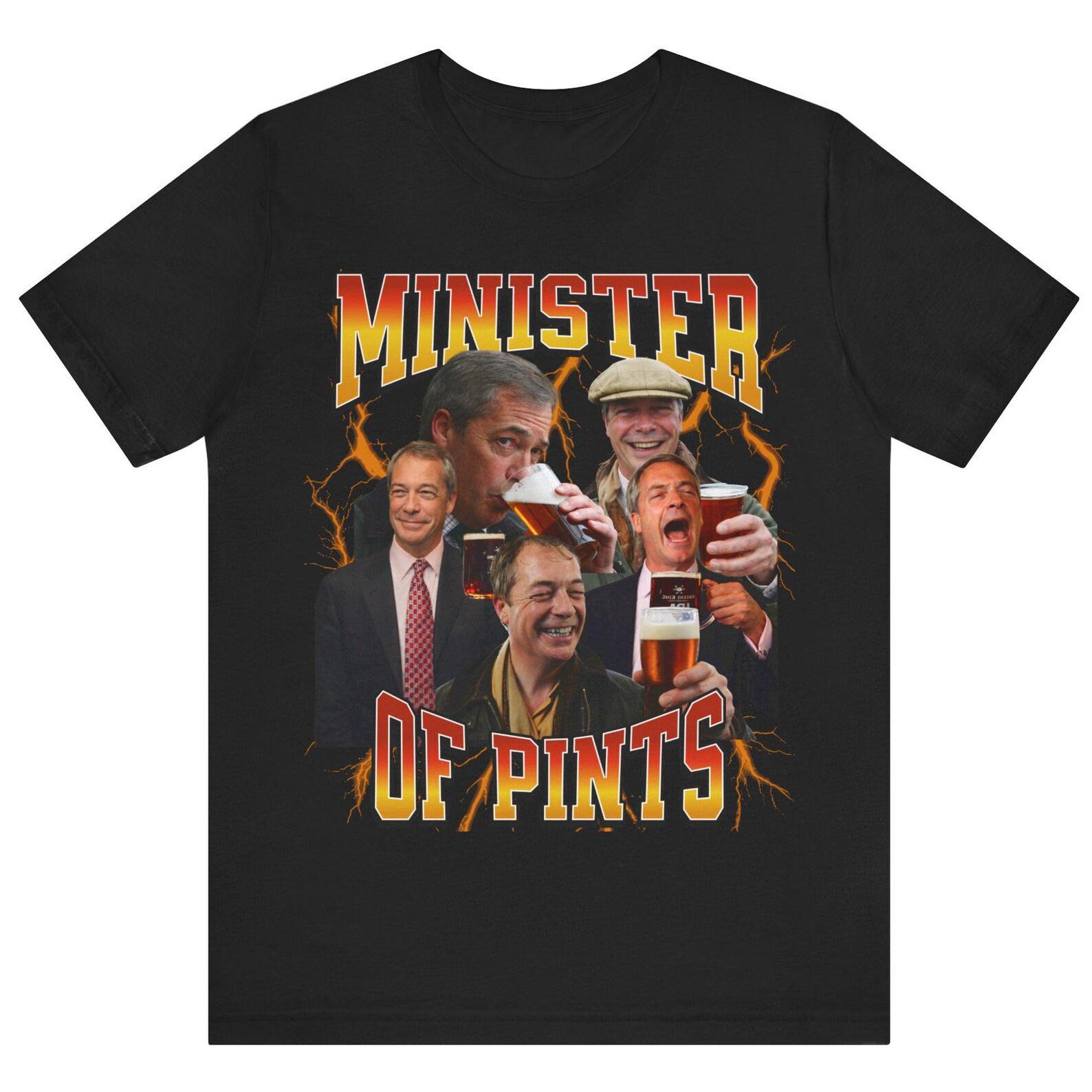 Nigel Farage funny political tee, Minister of Pints T-Shirt: Vintage Arcade Style Graphic Tee S
