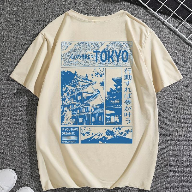 Men's Casual Versatile Letter and Landscape Print Round Neck Short Sleeve T-Shirt, Summer Outdoor Sports Short Sleeve