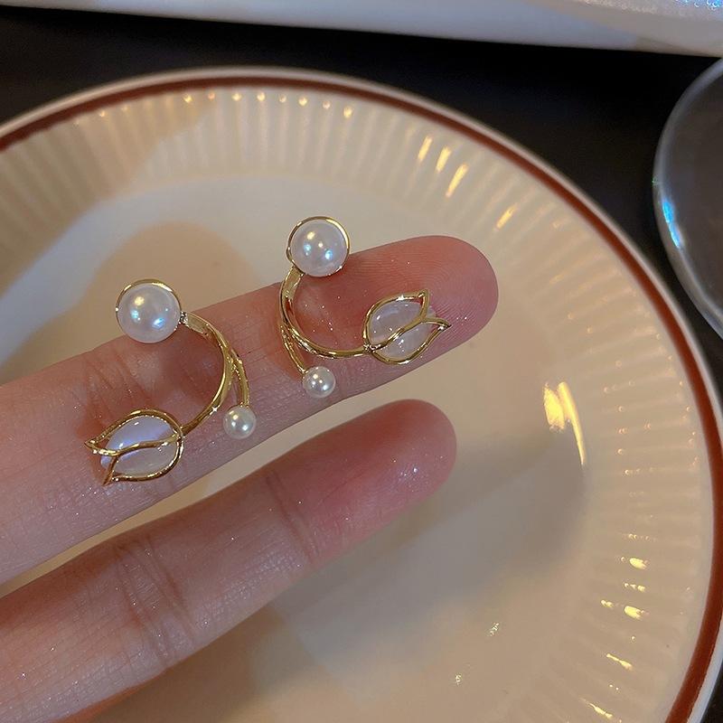 Boucles d'oreilles françaises de luxe en forme de tulipe rose pour femmes, en perles, en Zircon coréen, exquises, bijoux de fête, cadeau de noël
