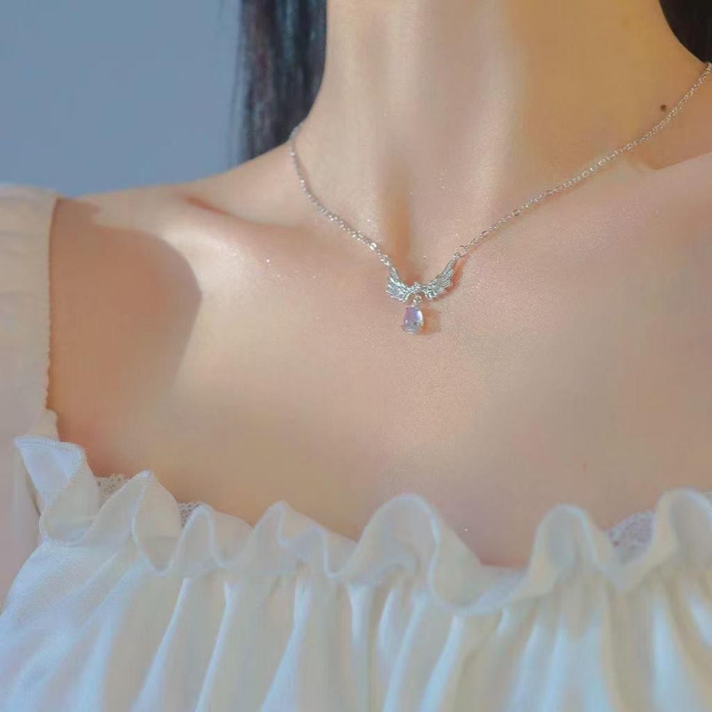 Exquisite Angel Wing Moonstone Necklace - Elegant, Versatile, and Luxurious Collarbone Chain