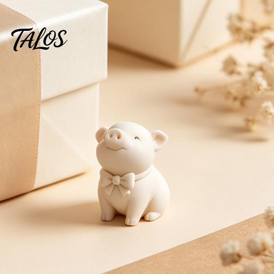 Talos 3D Printed Cute Bow Tie Pig Figurine, Matte Cream White, Minimalist Animal Decor Statue, Compact Ornament for Desk Bookcase Car Interior, Wealth