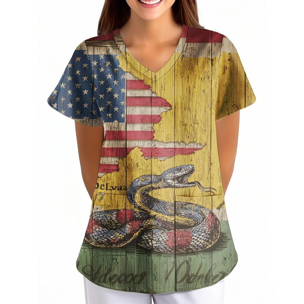 Women's Independence Day Printed Loose V-Neck Pocket Short-Sleeve Caregiver/Uniform