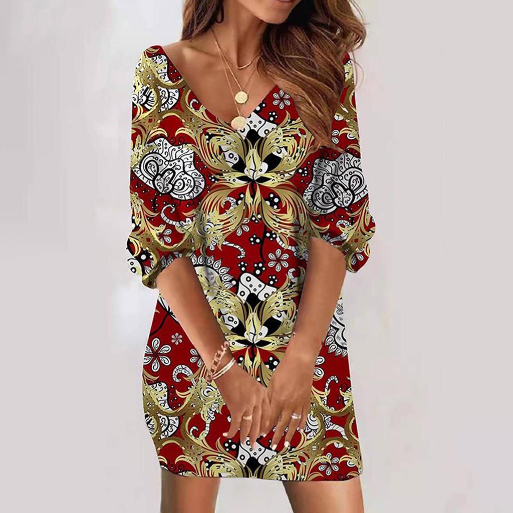 Fashion Women's Casual Loose V-Neck Printed Sleeve Short Midi Sleeve Dress