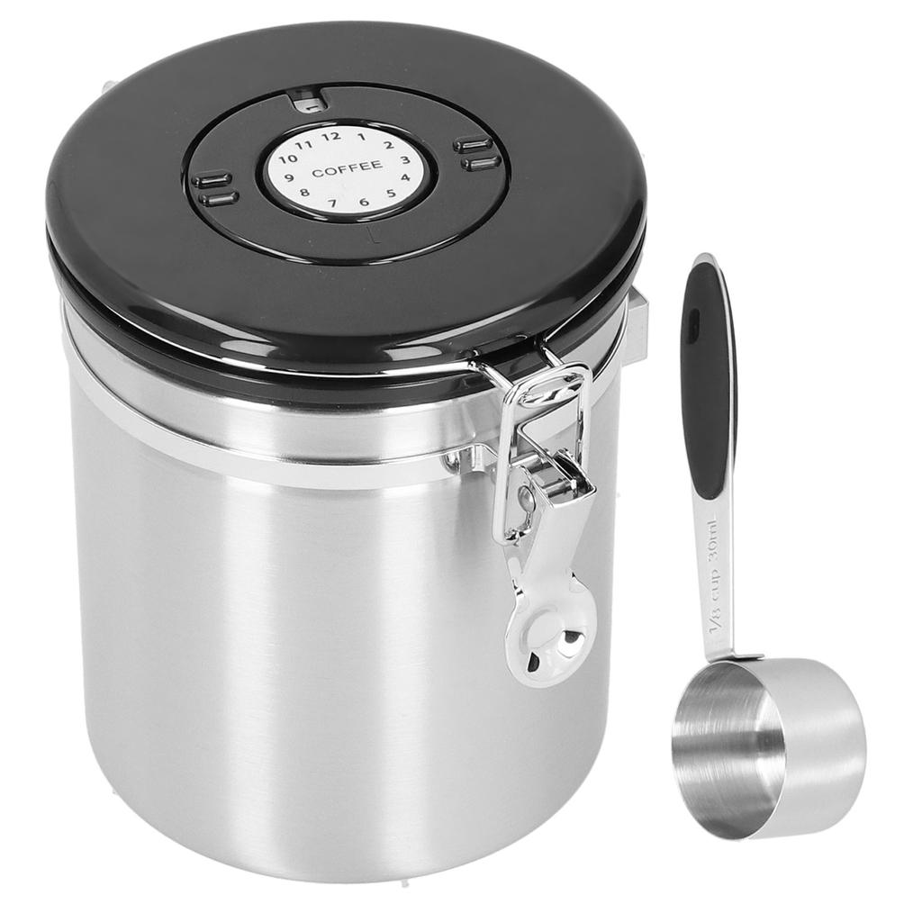 1,5L 304 Edelstahl Kaffeebohnen Tee Vorratsdose Versiegelter Lebensmittelaufbewahrungsbehälter mit LöffelEdelstahlfarbe