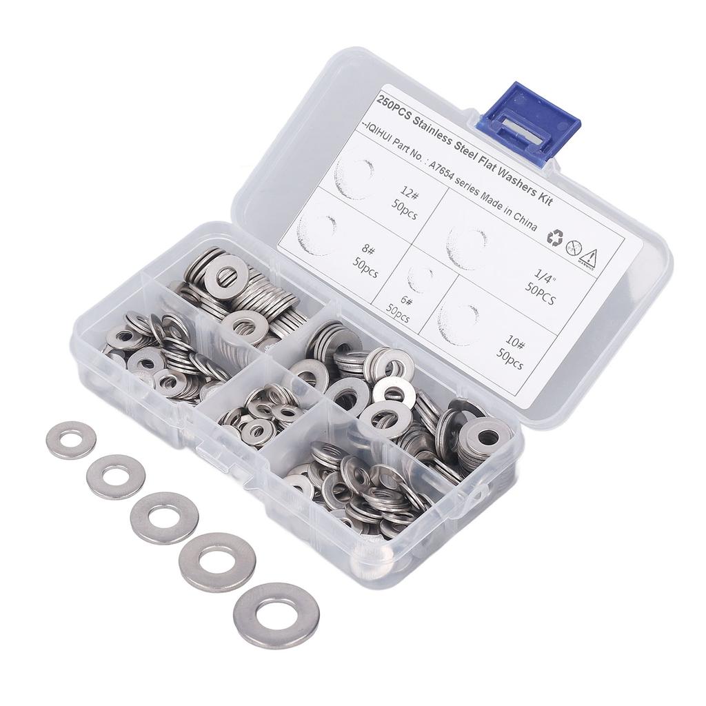 250PCS Flat Washer Kit Stainless Steel 5 Specifications Anti Corrosion Washers Assortment Set for Furniture