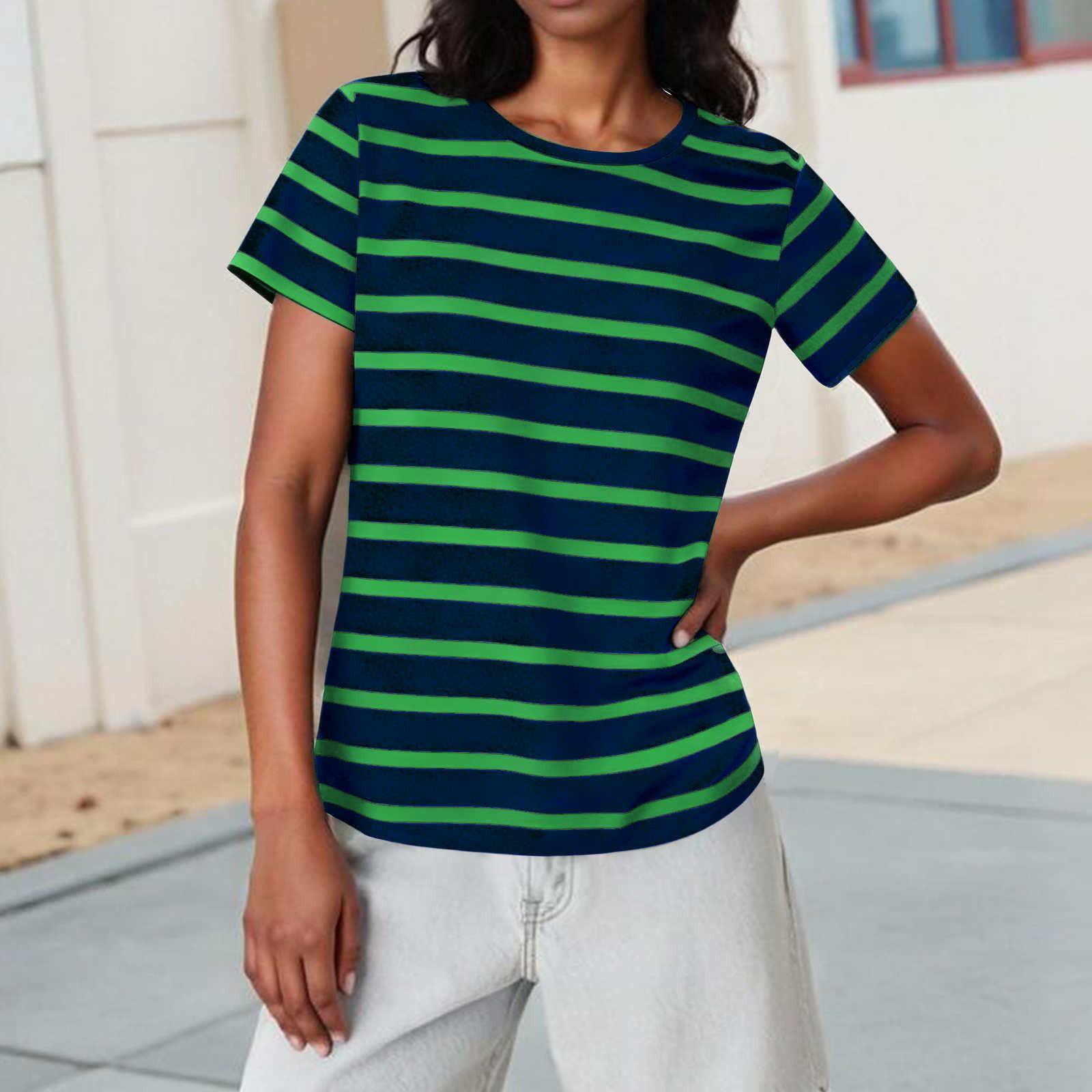 Ladies  Casual Fashion Striped Printed Short Sleeved Shirt S