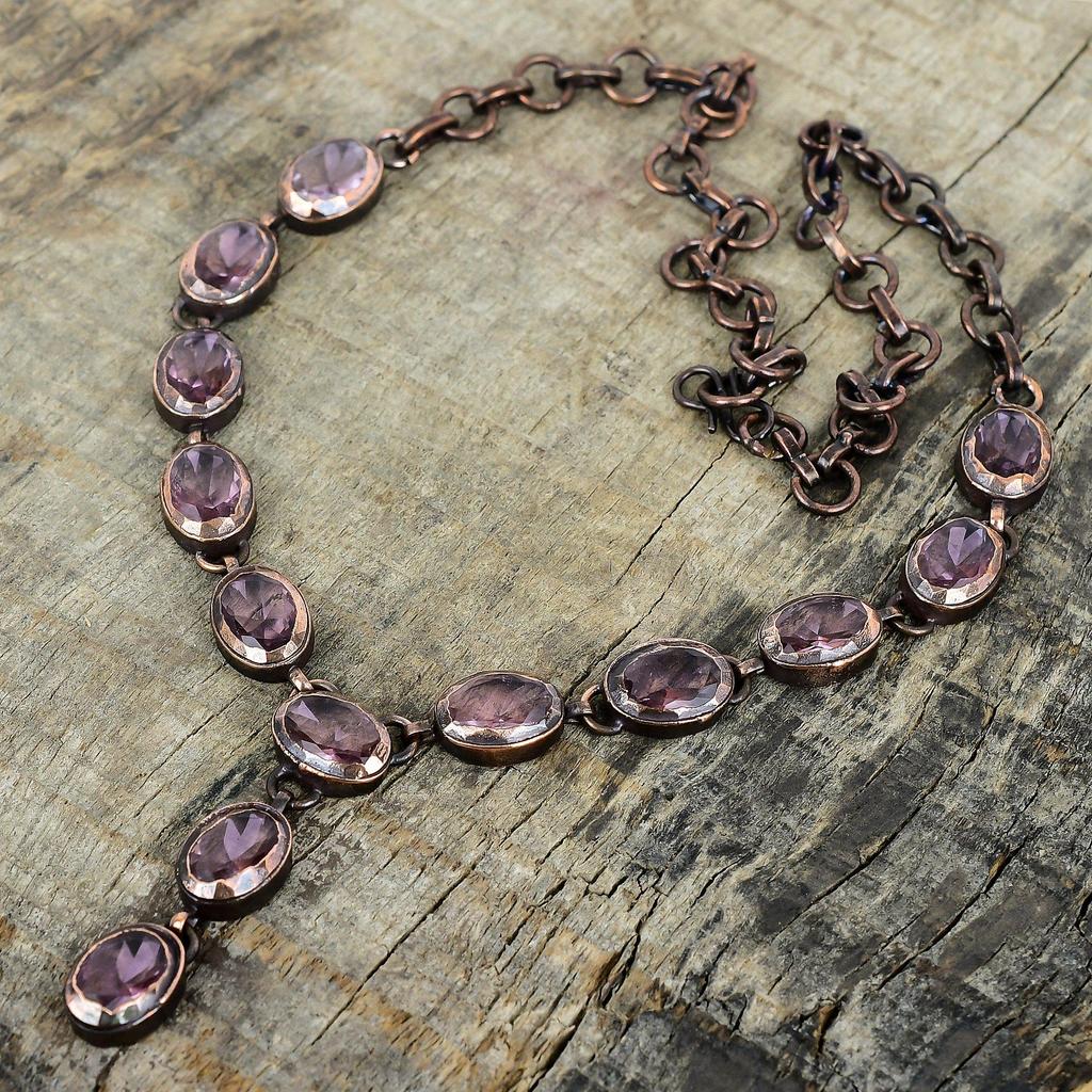Colier cu kunzit roz fațetat, bijuterii din cupru electroformat, colier cu lanț ajustabil, bijuterii lucrate manual, colier cu piatră prețioasă din cupru electroformat