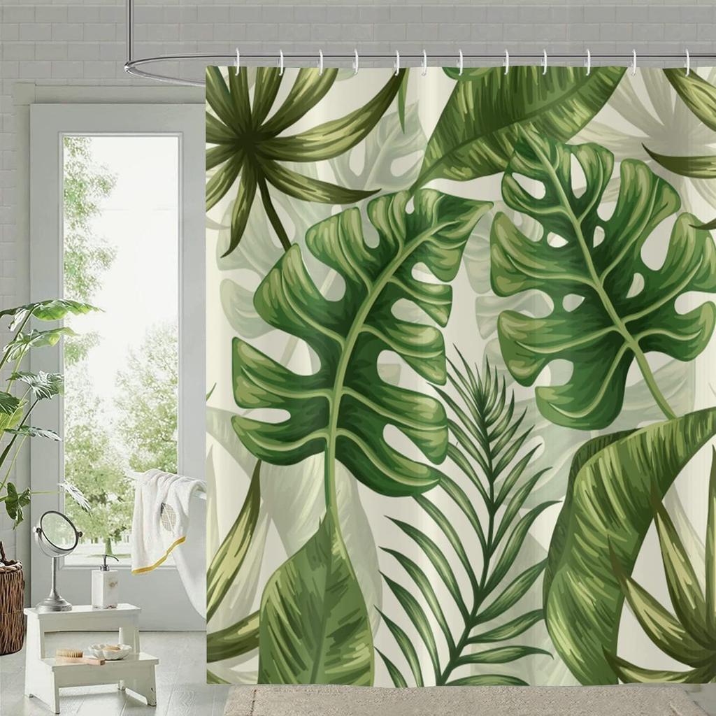 Tropical Leaves Shower Curtains, Palms Monstera Banana Leaf Green Plant Botanical Bathroom Curtains Bathtub Home Decor Machine
