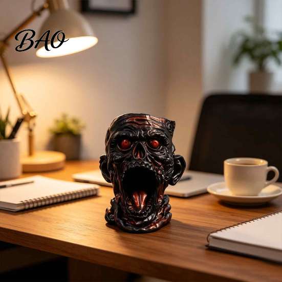 Dark Home Office Decor Gothic Skull Pen Holder, Realistic Zombie Head Makeup Brush Organizer, Large Capacity Desktop Niche Art Piece Storage