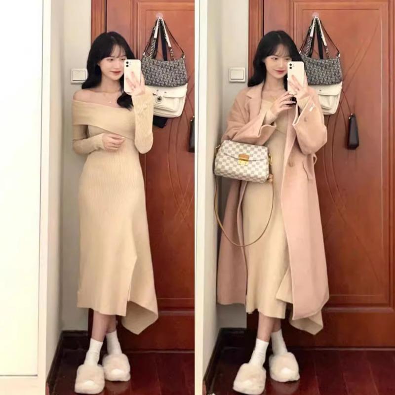Niche Off-the-shoulder Knitted Dress, Early Autumn New Women's Clothing, Small Slim-fitting Sweater, Long Skirt.