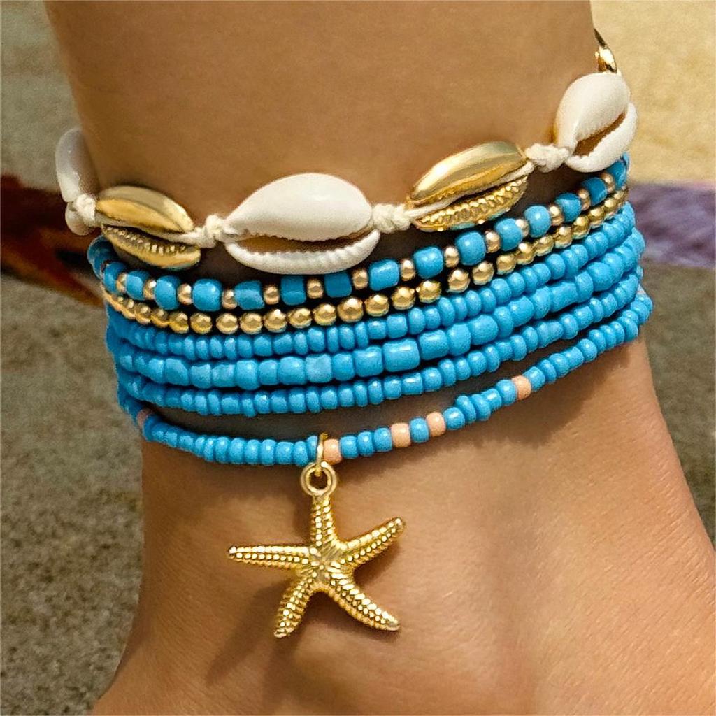 Bohemian Style Bracelets Set for Leisure Vacation Layered Wind Bracelet for Women Beach Starfish Shell Hands Decoration