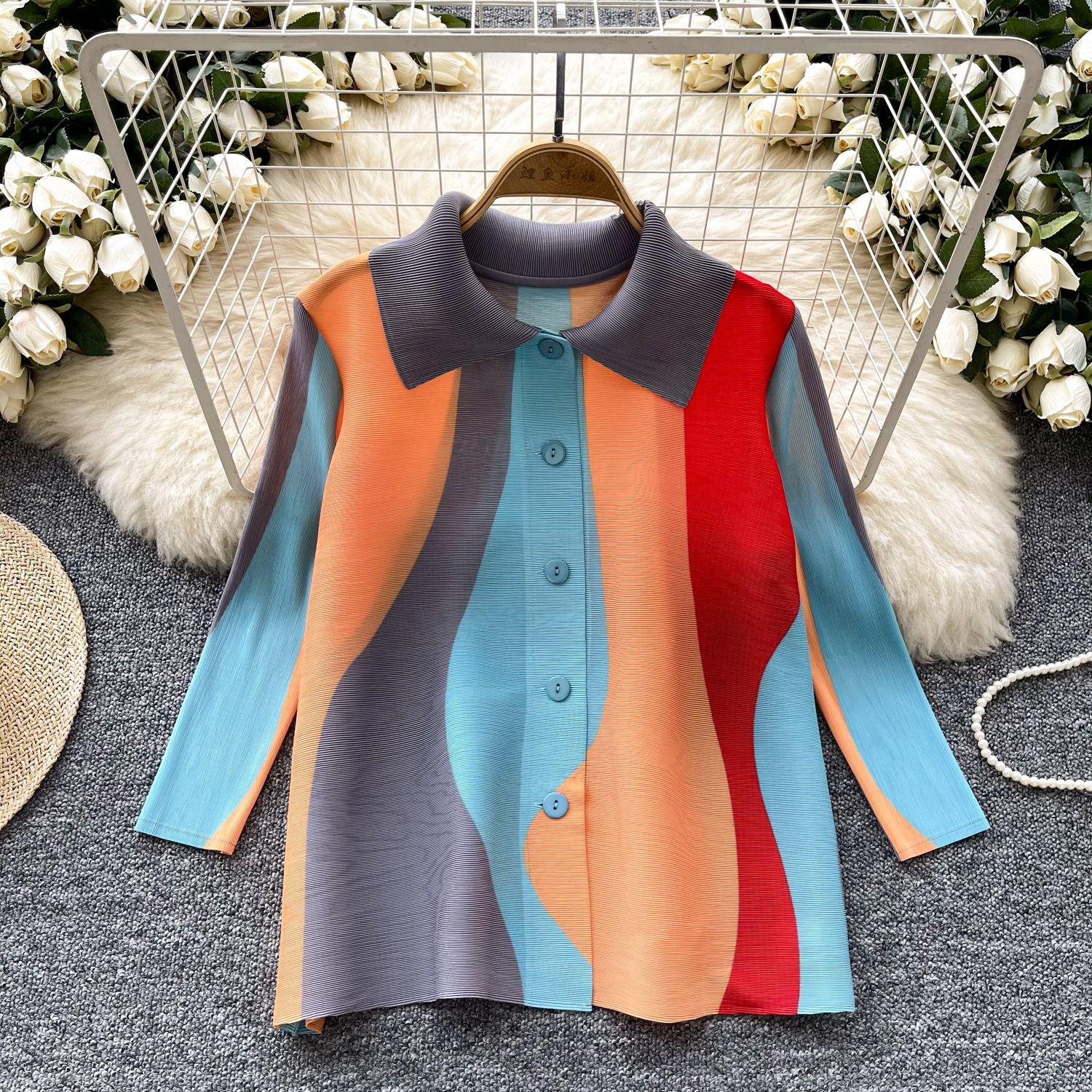 

Женская рубашка больших размеров Senior Sense Color Contrast Lapel с длинным рукавом, свободная, утягивающая, однобортная, эластичная, плиссированная One size синий