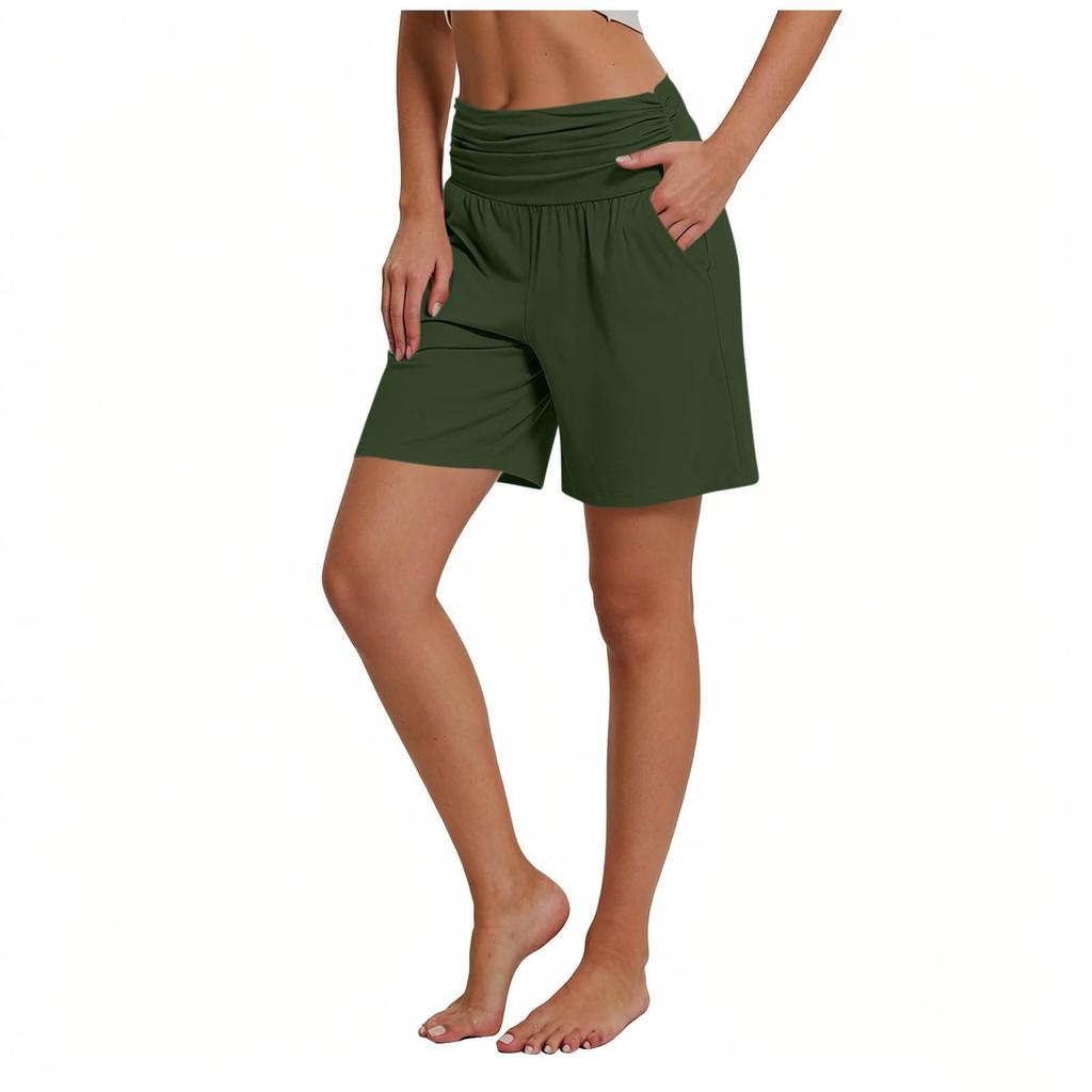Women's Casual High Waist Elastic Shorts with Pockets Comfortable Lightweight Soft Fabric Mid Length Lounge Shorts for Daily Wear